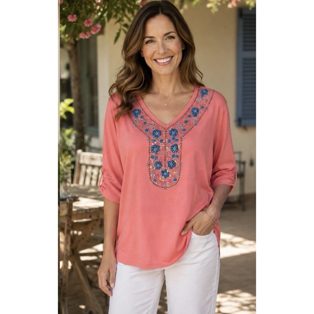 Quacker Factory Coral 3/4 Sleeve Embellished Beaded Top Size Large NWT